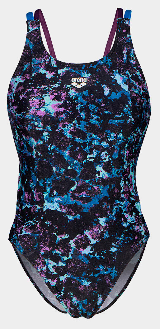 Купальник закритий для жінок Arena ROCKIN SWIMSUIT SWIM TECH MULT чорний, синій, фіолетовий Жін 42, фото 1
