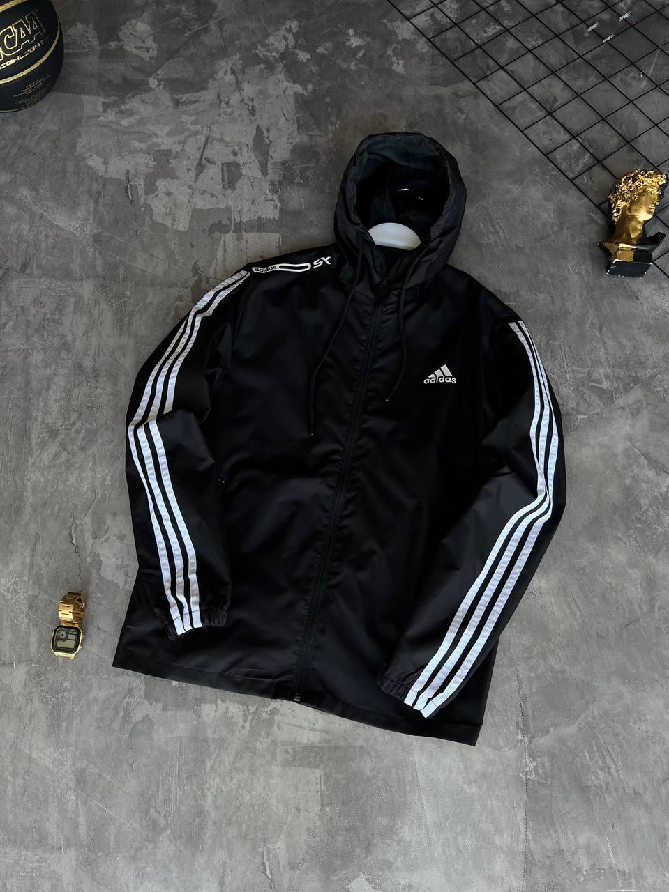 Вітровка куртка чоловіча демісезонна чорна з капюшоном Adidas (Адідас)
