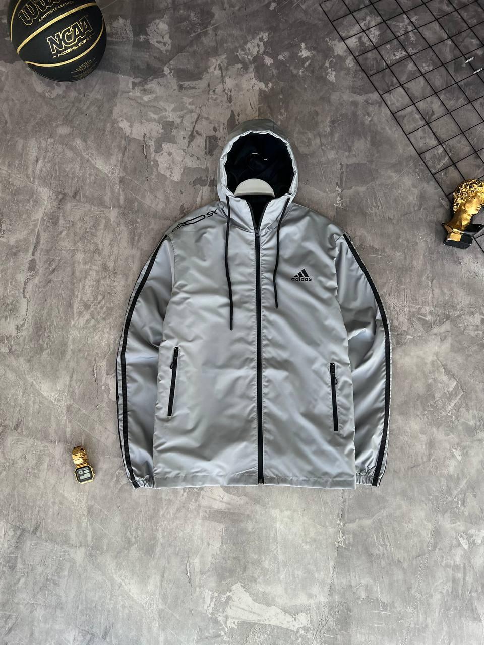 Вітровка куртка чоловіча демісезонна сіра з капюшоном Adidas (Адідас)
