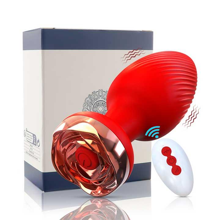 Силікональний анальний корок із вібрацією Rose з Д/К 3,5*9 см. Червоний — Анальні іграшки