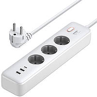 Фільтр живлення Мережевий фільтр 2м Ugreen, 3 розетки + 2 USB-A + PD, білий (25357)