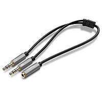 Кабель AUX 3.5мм TRRS - TRSx2 M/M 20 см UGREEN Aluminum Case AV140 Чорний (20899)