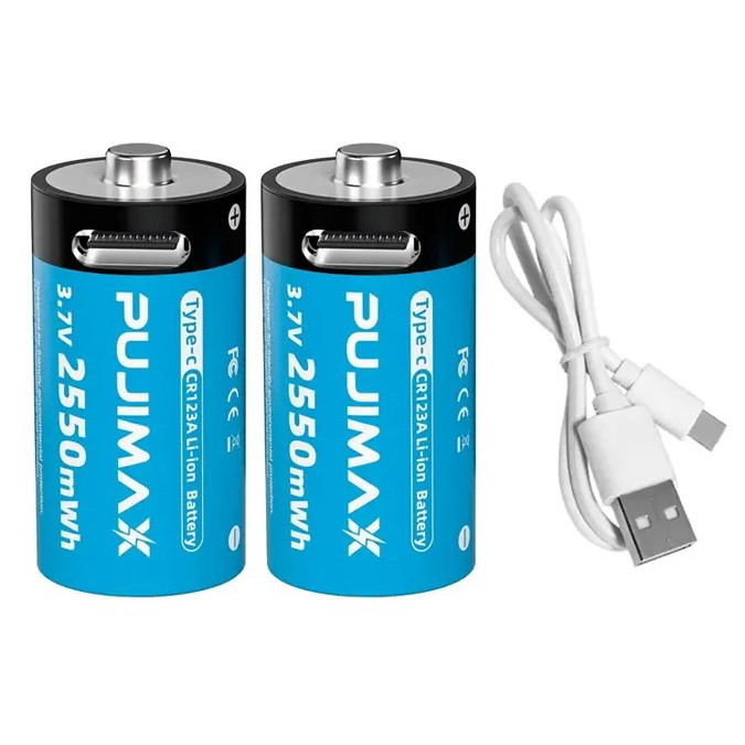 2 Акумулятори Pujimax CR123A (CR123, 16340) 3.7V з TYPE-C + подвійний кабель, Blue