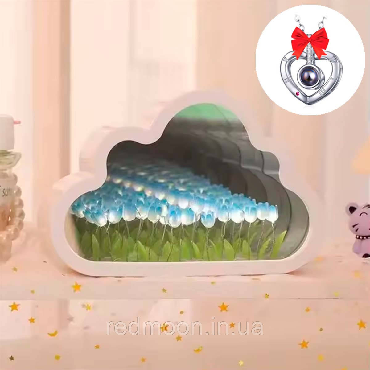 Нічник Хмара з тюльпанами + Кулон I Love you / Світлодіодний світильник з 3D ефектом, фото 1