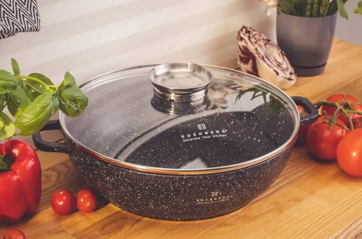 Сотейник — казан Edenberg EB-8134 (28 см/3,3 л) антипригарне мармурове покриття, скляна кришка, фото 1