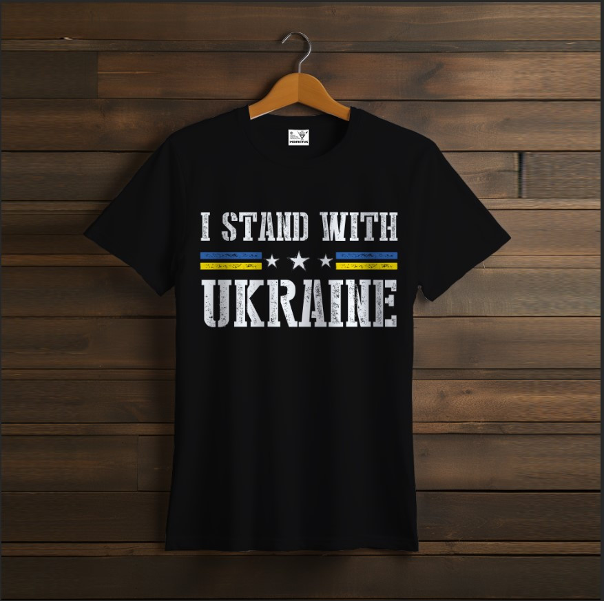 Футболка унісекс з принтом "Чорного кольору прапор Україна жовто блакитний надпис i stand with ukraine"