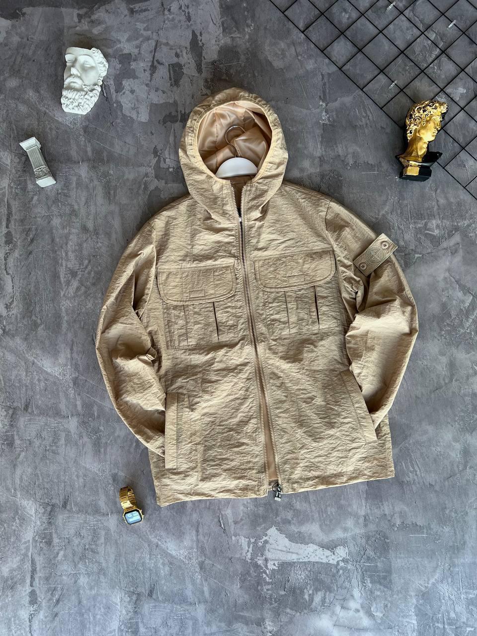 Куртка чоловіча демісезонна бежева жатка з капюшоном Stone Island