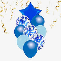 Набір повітряних кульок з конфетті синьою з фольгованою зіркою 9 шт