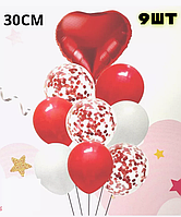 Набір повітряних кульок з червоним фольгованим серцем конфетті комплект 9 шт