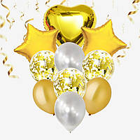 Набір повітряних кульок з конфетті та фольгованим золотим серцем і зірками комплект 10 шт