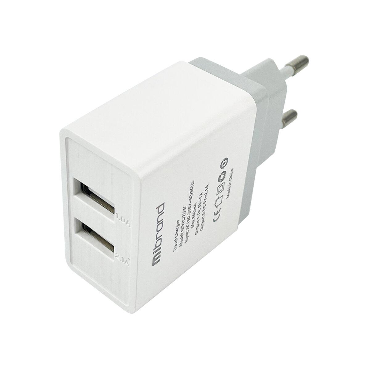 Мережевий зарядний пристрій Mibrand MI-02 Travel Charger 2USB-A 5W White, фото 1