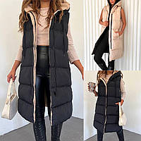 Жилет теплий подовжений двосторонній жіночий на блискавці з капюшоном: 42-44; 46-48; 50-54 S-M; L-XL; 2XL -4XL