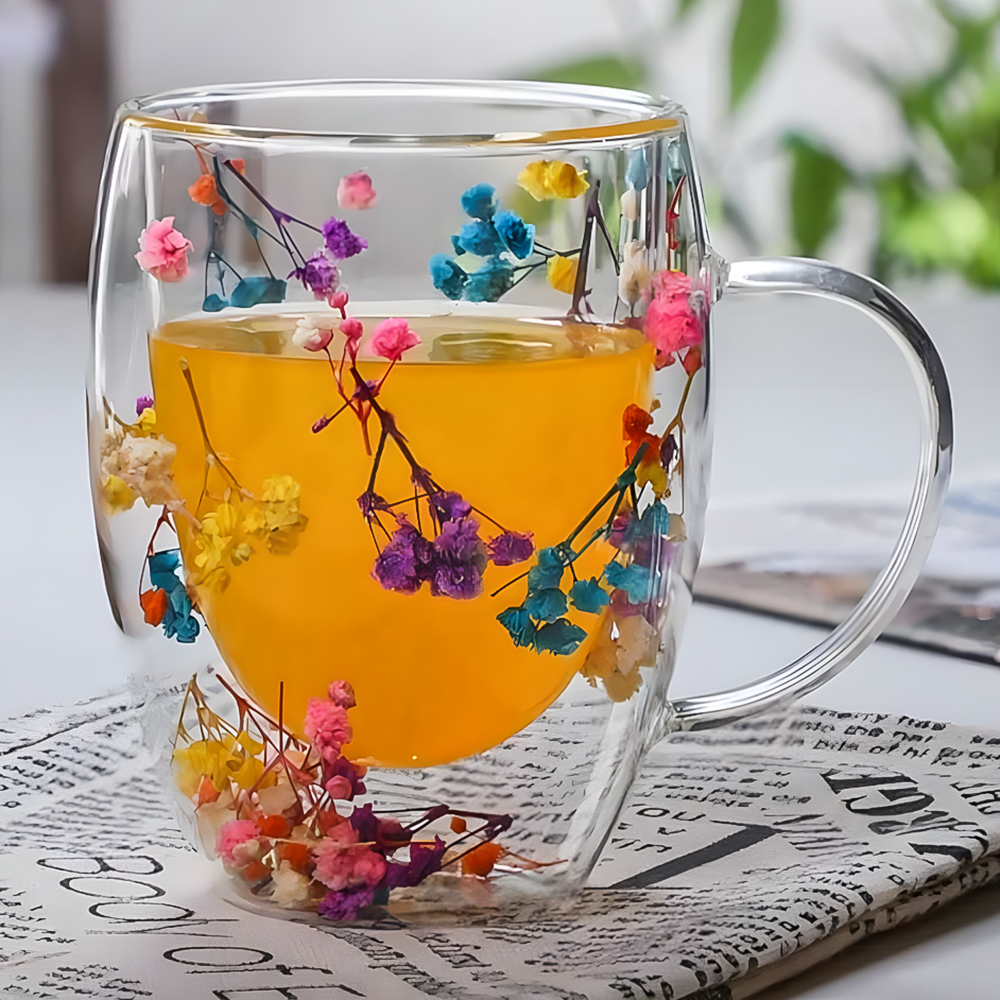 Скляна чашка з подвійним дном і сухоцвітами, 450мл, фото 1