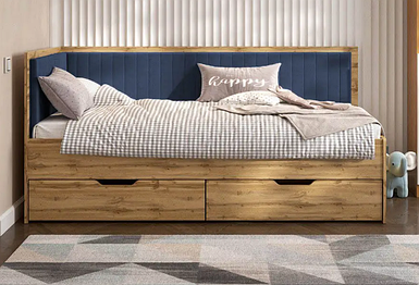 Кутове ліжко Brooklyn з шухлядами корпус Дуб Тахо м'яка спинка велюр ТМ Viorina Deko