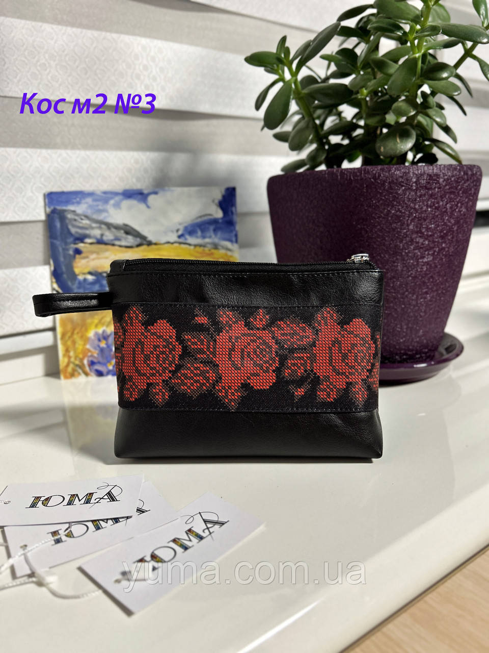 Косметичка під вишивку червоні троянди, шкіра, фото 1