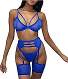 Комплект жіночої нижньої білизни синього кольору з поясом та пов'язками на ноги, фото 2