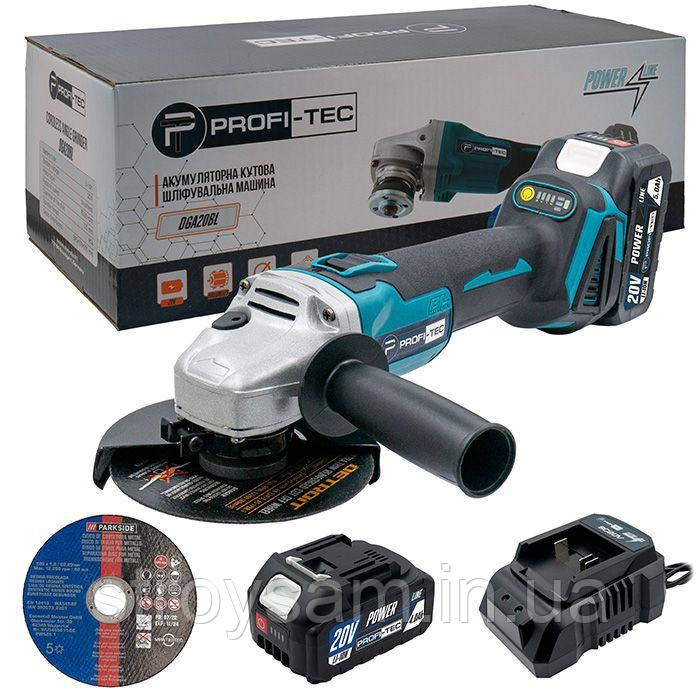 Акумуляторна кутова шліфувальна машина PROFI-TEC DGA20BL POWERLine (1×PT2040MP (4.0 Аг), зарядний пристрій)