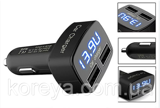 АВТО зарядка USB 2А, тестер,вольтметр, термометр, амперметр в прикурювач подвійний 4в1