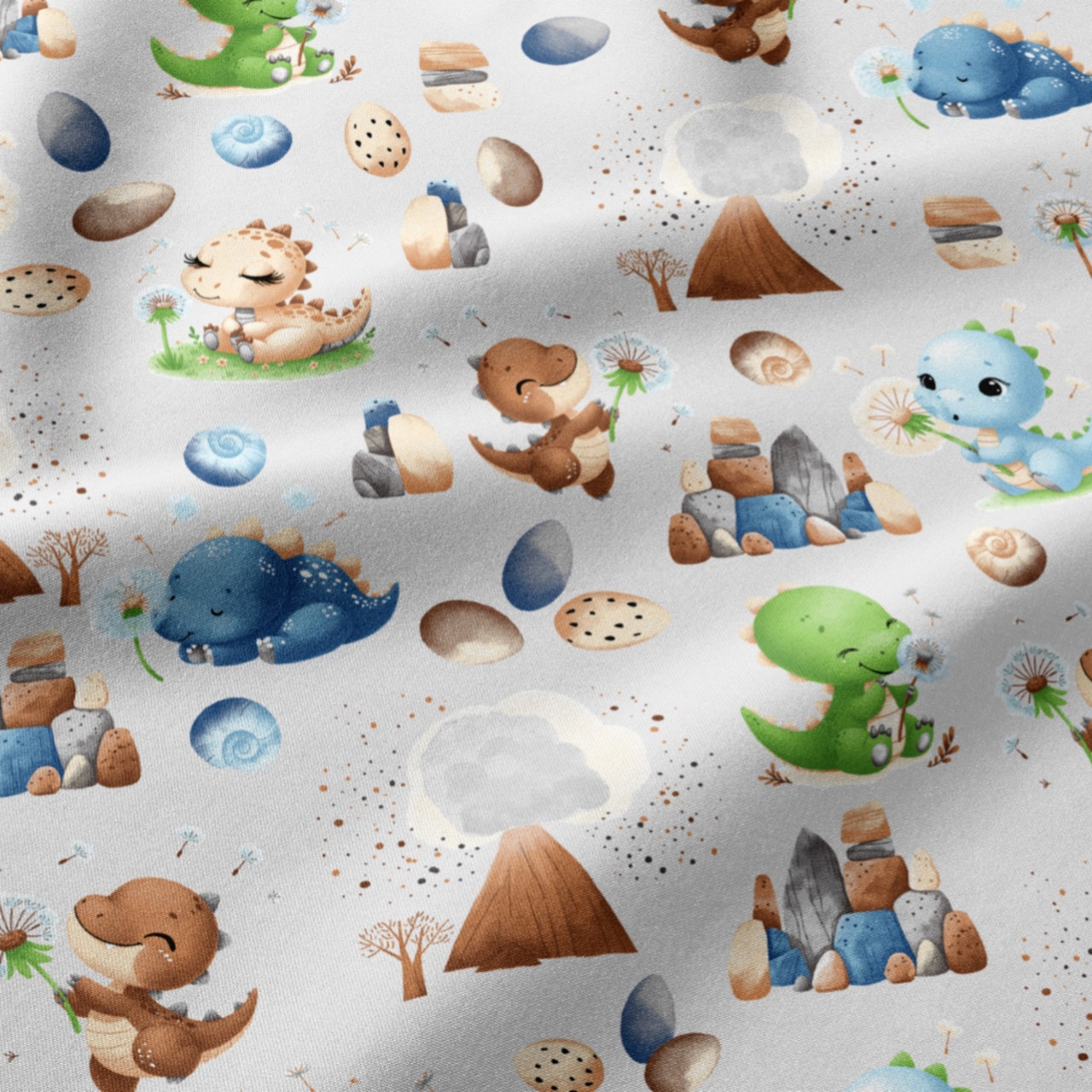 Бязь "Маленькі динозаврики з одуванчиками" на світло-сірому № Е-922-3418, фото 1