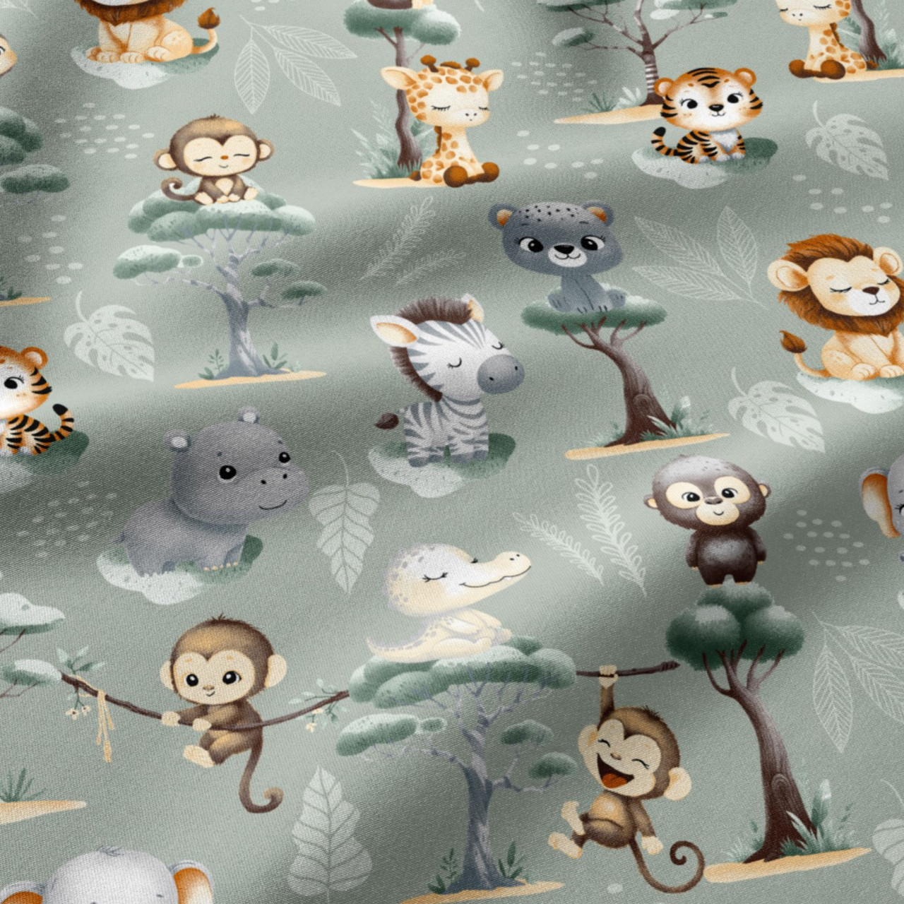 Бязь "Африканские зверята, малыши" мятные деревья, фон грязно-мятный № Е-918-3422, фото 1