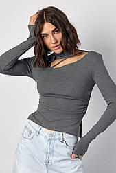 Жіноча водолазка з драпіруванням і асиметричним вирізом спереду — сірий колір, ONE SIZE (є розміри)