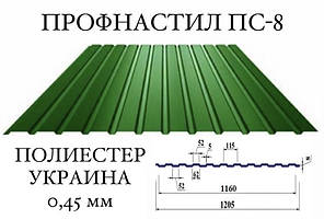 Профнастил для забору ПС-8 (Україна) поліестер 0,45 мм