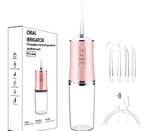 Іригатор для чищення зубів та порожнини рота Oral Irrigator з акумулятором та 4 змінними насадками Рожевий