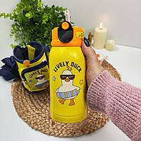 Термос дитячий з індикатором температури жовте каченя в комплекті 2 насадки і сумочка на ремінці