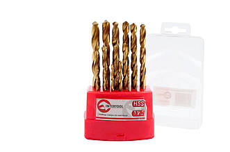 Набір сверл по металу Intertool 19 шт. (1-10 мм) титан, артикул SD-0019, HSS 4241, спіральна заточка 118°