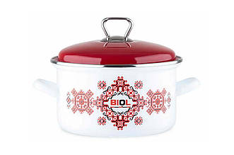 Каструля емальована Biol 180мм, 2.2л, вишиванка червона, артикул CE18V2 - універсальний посуд для приготування