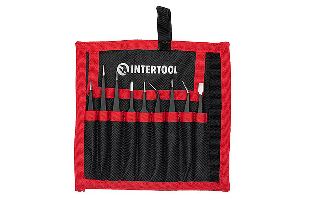 Набір пінцетів Intertool NT-6002 (9 шт, 120-140 мм) в чохлі для точних робіт з електронікою та ювеліркою, фото 1