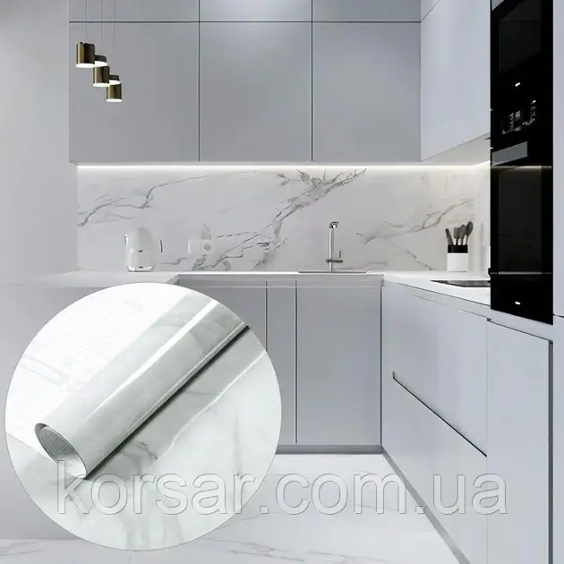 Самоклейна плівка на 60 см під мармур меблів, ДСП, стін, кухні. Білий мармур. European Style., фото 1