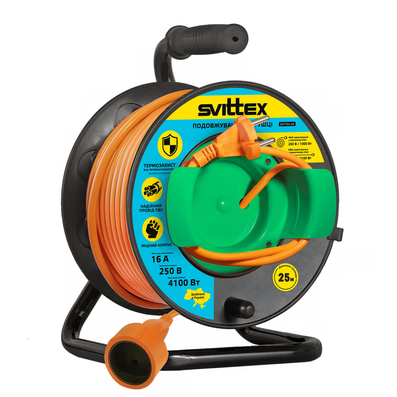 Подовжувач на котушці 25 м із виносною розеткою У16-03 ПВС 2*2,5 мм2 16 А 4100 Вт