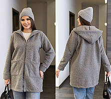 Жіночий подовжений теплий вовняний кардиган великих розмірів із букле (барашок) (р.48-62). Арт-2089/42 сірий