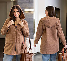 Жіночий подовжений теплий вовняний кардиган великих розмірів із букле (барашок) (р.48-62). Арт-2089/42 мокко