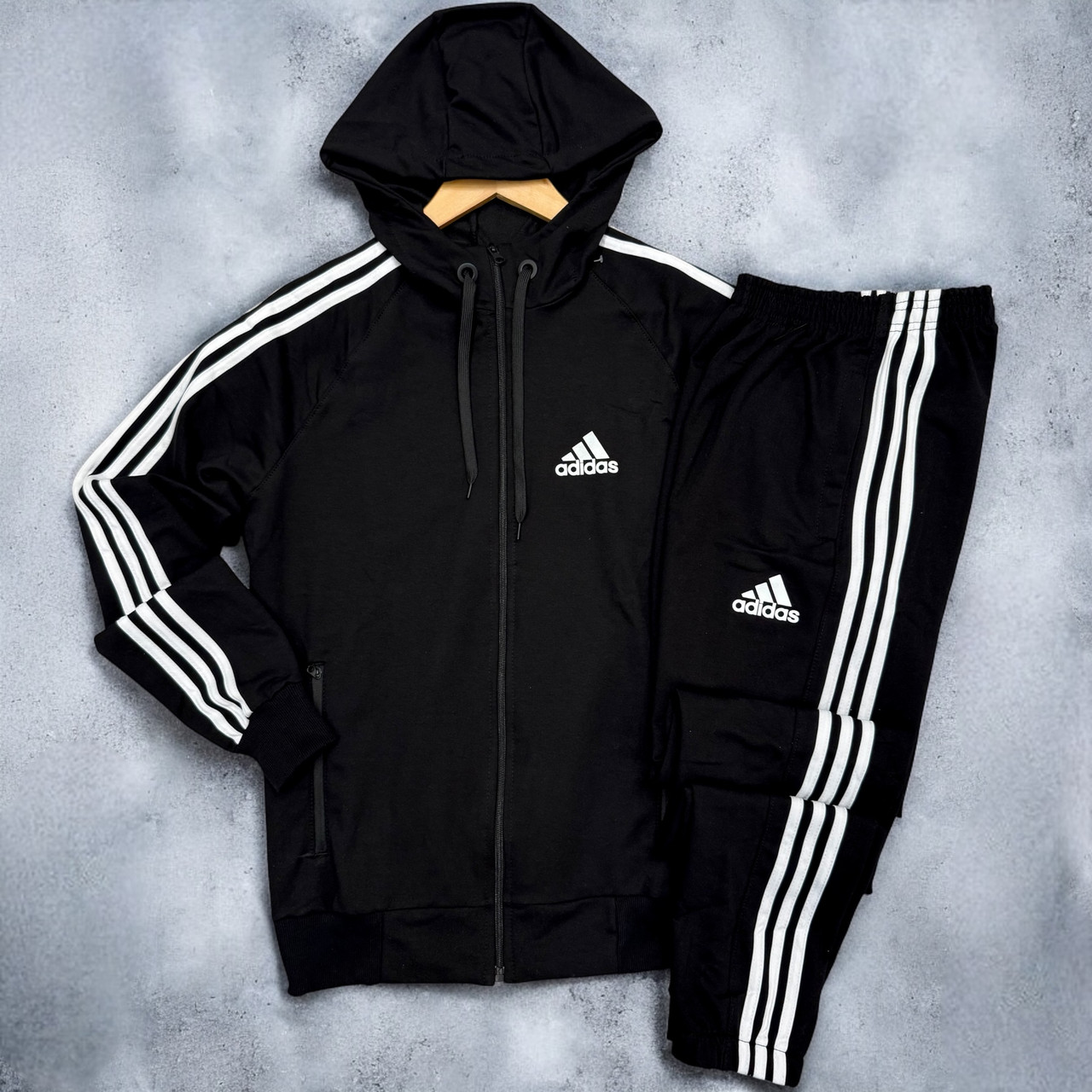 Спортивний костюм чоловічий весна осінь Adidas Адідас трикотаж чорний (зіпка+штани)  Живе фото. Чоловічий костюм модний