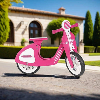 Дерев'яний дитячий біговел велобайк для дівчинки двоколісний рожевий велосипед без педалей гумові колеса