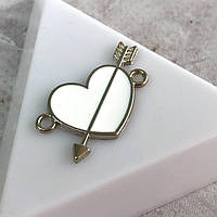 Конектор металевий "Серце з емаллю" 16х25 мм, - білий у сріблі