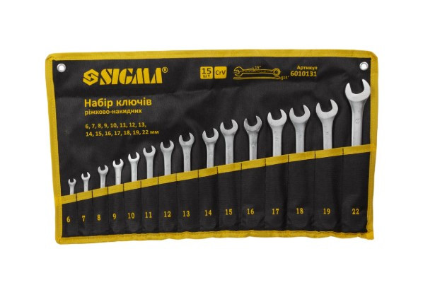 Набір ключів комбінованих 6, 7, 8, 9, 10, 11, 12, 13, 14, 15, 16, 17, 18, 19, 22 мм, 15 од., переносний чохол Sigma (6010131), фото 1