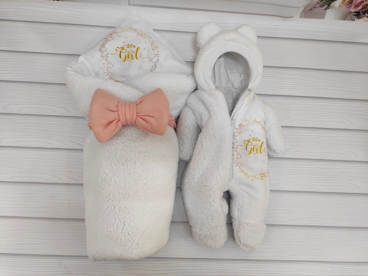 Комплект Тедді конверт + комбінезон для новонароджених, білий з принтом girl, фото 1