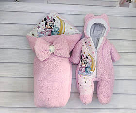 Комплект Тедді конверт + комбінезон для новонароджених, рожевий з принтом Мінні з бегемотиком