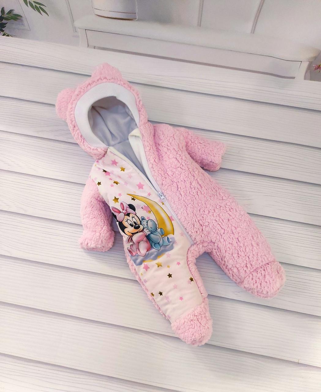 Теплий комбінезон Тедді з принтом Міні з бегемотиком для новонароджених дівчаток, рожевий, фото 1