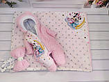 Комплект Тедді конверт + комбінезон для новонароджених, рожевий з принтом Мінні з бегемотиком, фото 5