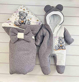 Комплект Тедді конверт + комбінезон для новонароджених, сірий з принтом Ведмедик