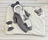 Комплект Тедді конверт + комбінезон для новонароджених, сірий з принтом Ведмедик, фото 2