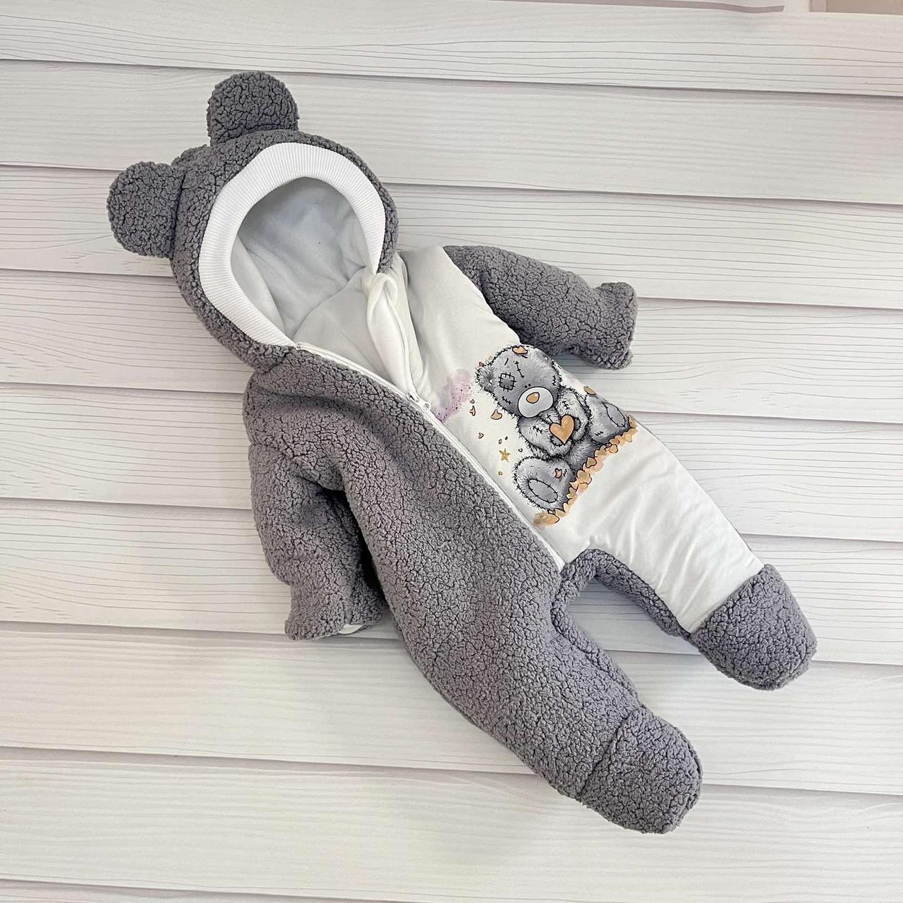 Теплий комбінезон Тедді з принтом Ведмедик для новонароджених, сірий, фото 1