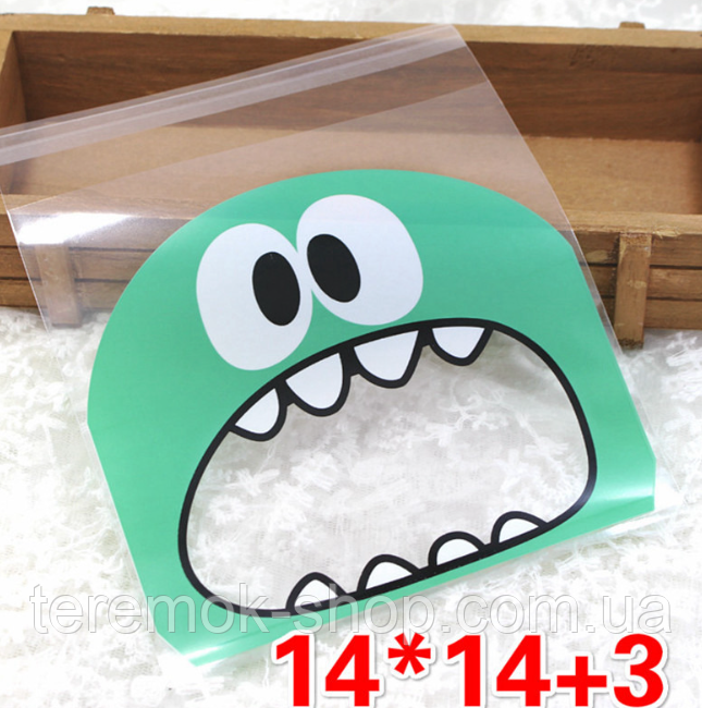 Пакети зелений Монстрик прозорі подарункові з клейовим клапаном для солодощів 14х14х3 см набір 10 шт, фото 1