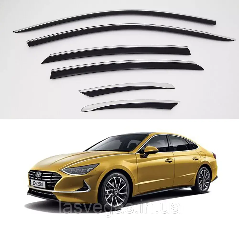 Вітровики з хром смугою, дефлектори вікон Hyundai Sonata 2019-2024 (Autoclover/Южная Корея)
