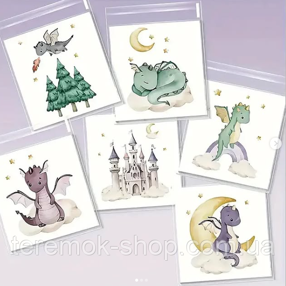 Пакети динозаврики подарункові з малюнком  прозорі з липкою стрічкою  10х10х3 см набір 10 шт, фото 1