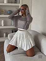 Женская юбка - шорты высокая посадка свободная однотонная с рюшами (молочный,чёрный) 43/44,46/48